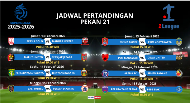 Kompetisi Super League 2025-2026 memasuki Pekan 21, yang dimulai pada Jumat (13/2/2026) hingga Senin (16/2/2026) mendatang.
