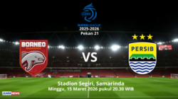 Laga seru bakal tersaji di Stadiom Segiri, Minggu (15/3/2026) malam, saat Borneo FC menjamu Persib Bandung pada laga tunda Pekan 21.