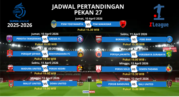 Kompetisi Super League 2025-2026 memasuki Pekan 26, yang dimulai pada Jumat (10/4/2026) hingga Minggu (12/4/2026) mendatang.