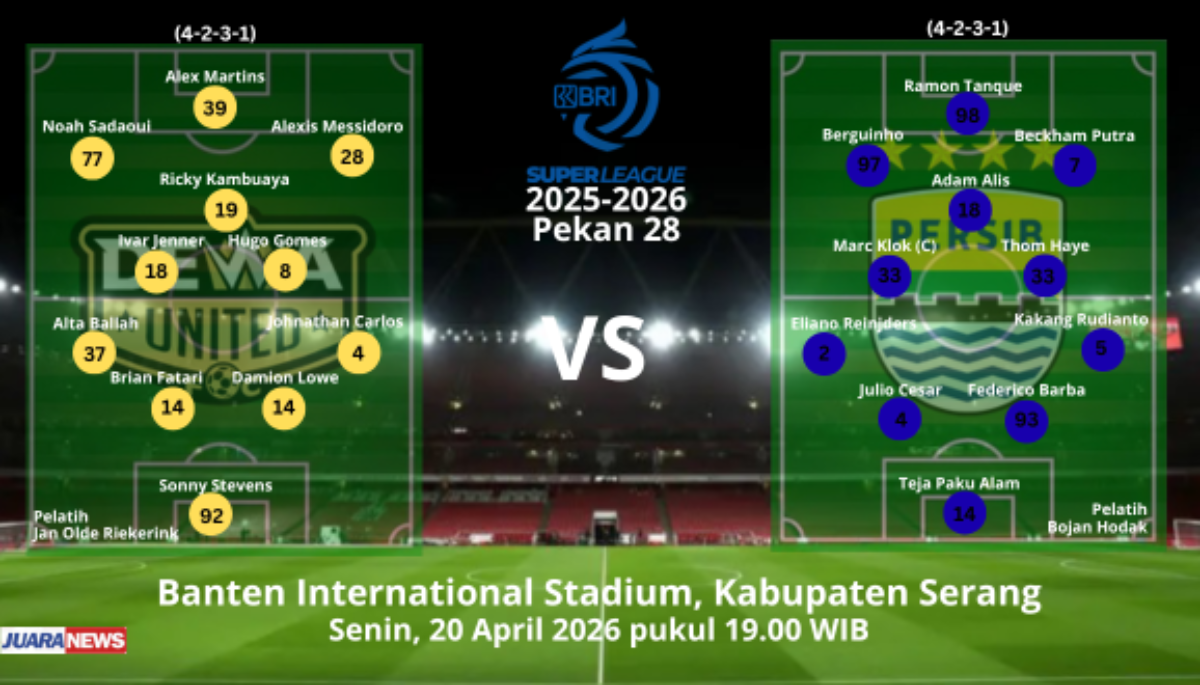 Laga sengit bakal tersaji di BIS, Serang, Senin (20/4/2026) malam, saat Dewa United menjamu Persib Bandung pada Pekan 28 Super League.