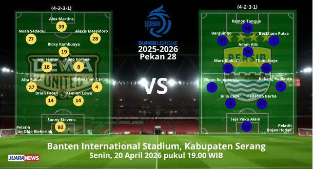 Laga sengit bakal tersaji di BIS, Serang, Senin (20/4/2026) malam, saat Dewa United menjamu Persib Bandung pada Pekan 28 Super League.