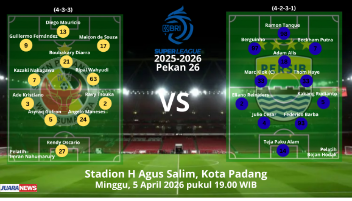 Ini Susunan Pemain Semen Padang vs Persib Bandung di Pekan 26 Super League 2025-2026