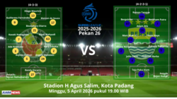 Laga sengit tersaji di Stadion H Agus Salim, Minggu (5/4/2026) malam, saat Semen Padang menjamu Persib Bandung pada Pekan 26 Super League.