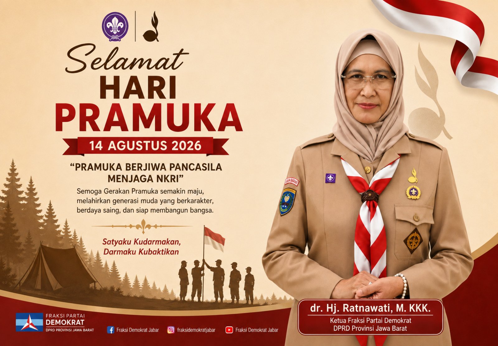 Hj. Ratnawati, mengajak generasi muda menjadikan Gerakan Pramuka sebagai wadah membangun karakter, kemandirian, dan semangat cinta tanah air.